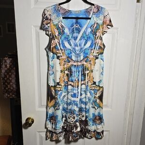 Old Navy Dress M Medium Vibrant Abstract Midi Dress in Blue and Brown